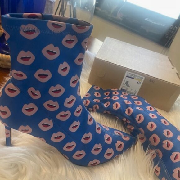 ZARA BLUE LIPS PRINT FABRIC HEELED ANKLE BOOTS - Picture 8 of 9